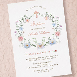 Invitación Con Relieve Metalizado Elegante Marco Floral Bautizo