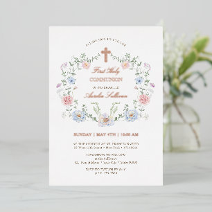 Invitación Con Relieve Metalizado Elegante Marco Floral Primera Comunión
