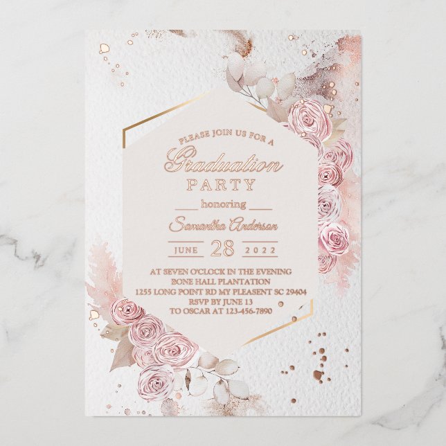 Invitación Con Relieve Metalizado Elegante marco floral rosa pastel Rosa oro (Anverso)