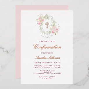Invitación Con Relieve Metalizado Elegante Marco Floral Santa Cruz Confirmación