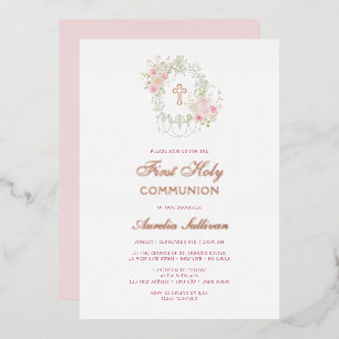 Invitación Con Relieve Metalizado Elegante Marco Floral Santa Cruz Primera Comunión