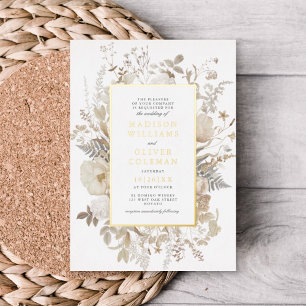 Invitación Con Relieve Metalizado Elegante Marco Floral Terroso Blanco Boda REAL