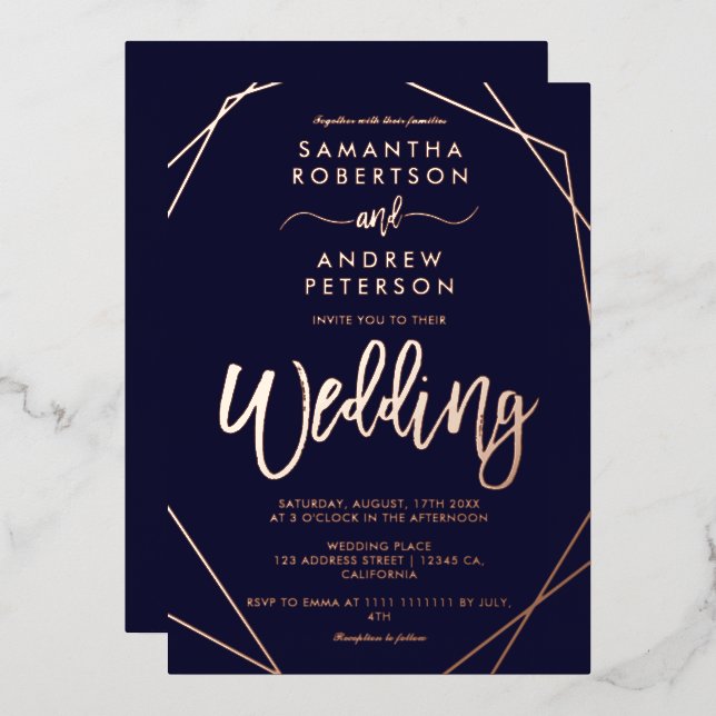 Invitación Con Relieve Metalizado Elegante marco geométrico boda de guión azul marin (Anverso/Reverso)