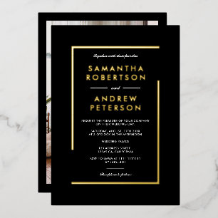 Invitación Con Relieve Metalizado Elegante marco geométrico de oro foto boda negro
