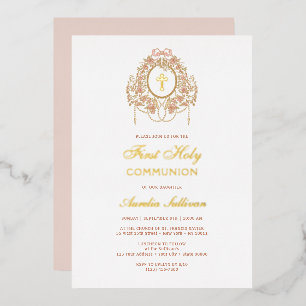 Invitación Con Relieve Metalizado Elegante Marco Primera Comunión Santa Cruz