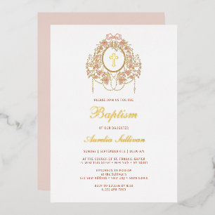 Invitación Con Relieve Metalizado Elegante Marco Santa Cruz Bautismo