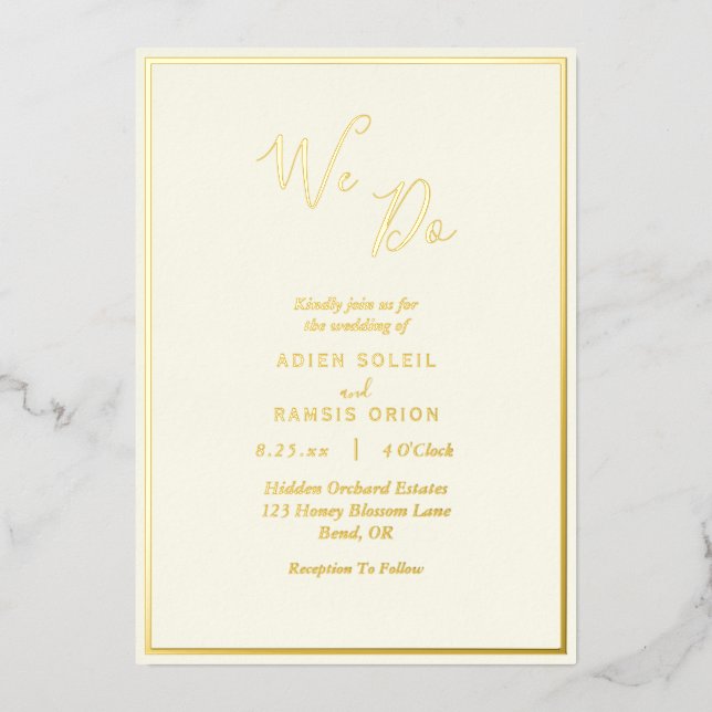Invitación Con Relieve Metalizado Elegante marfil moderno hacemos oro Boda (Anverso)