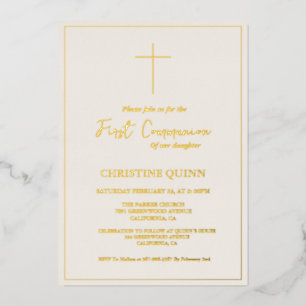 Invitación Con Relieve Metalizado Elegante Marfil y Oro Primera Comunión Santa