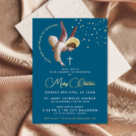 Invitación Con Relieve Metalizado Elegante Marina Ángel Azul cruza el bautismo relig