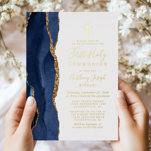 Invitación Con Relieve Metalizado Elegante Marina Azul Oro Agate Primera Comunión