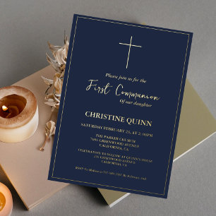 Invitación Con Relieve Metalizado Elegante Marina Azul y la Primera Comunión Sagrada