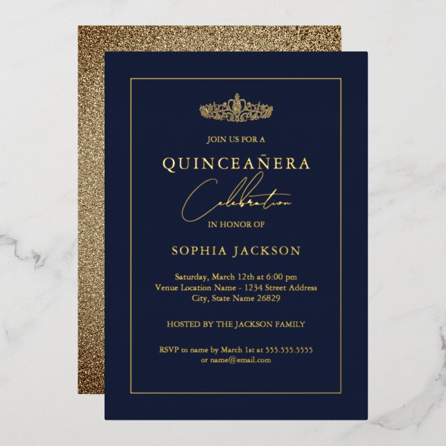 Invitación Con Relieve Metalizado Elegante Marina de Oro Quinceanera 15º cumpleaños (Anverso/Reverso)