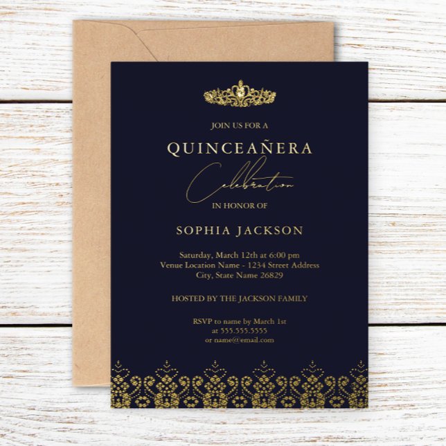 Invitación Con Relieve Metalizado Elegante Marina de Oro Tiara Quinceanera (Subido por el creador)