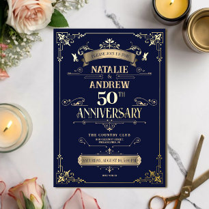 Invitación Con Relieve Metalizado Elegante Marina Real Dorado Glamuroso Foil Brillan