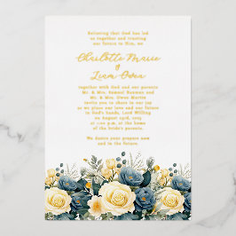 Invitación Con Relieve Metalizado Elegante marina y Boda floral amarillo oro