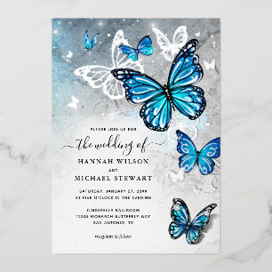 Invitación Con Relieve Metalizado Elegante Mariposa Azul Boda Real Acuarela