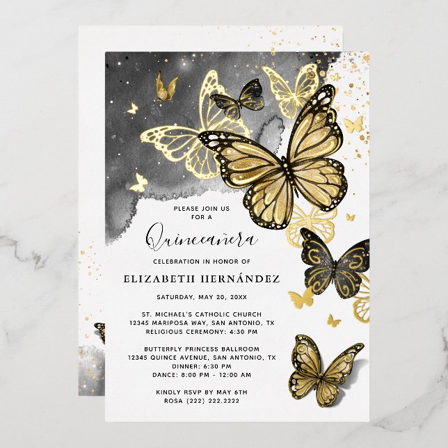 Invitación Con Relieve Metalizado Elegante mariposa Black Quinceanera Real Gold (Anverso/Reverso)