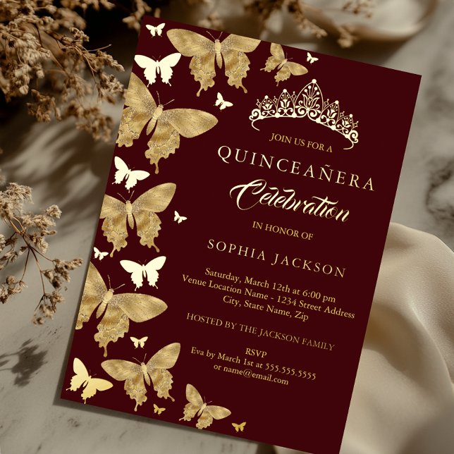 Invitación Con Relieve Metalizado Elegante mariposa borgoñona de oro Quinceanera (Subido por el creador)