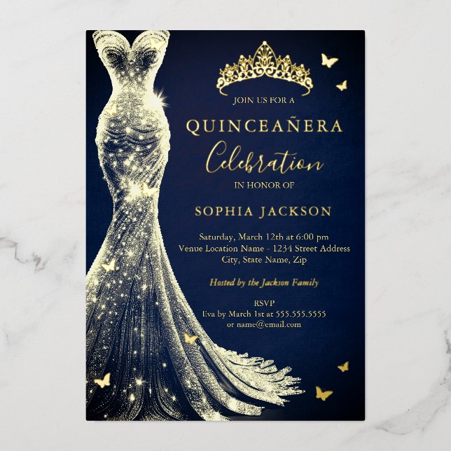 Invitación Con Relieve Metalizado Elegante mariposa de la marina de oro Quinceanera (Anverso)