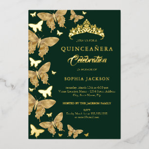 Invitación Con Relieve Metalizado Elegante mariposa de oro esmeralda Quinceanera