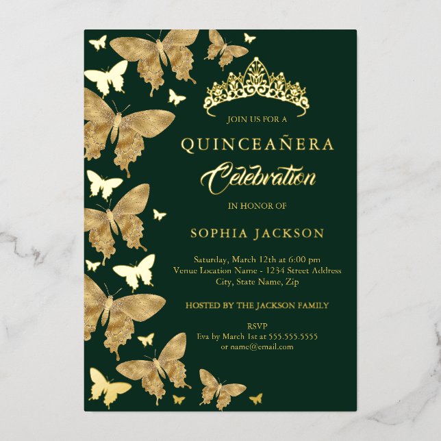 Invitación Con Relieve Metalizado Elegante mariposa de oro esmeralda Quinceanera (Anverso)