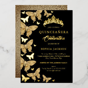 Invitación Con Relieve Metalizado Elegante Mariposa de Quinceañera Dorada y Negra