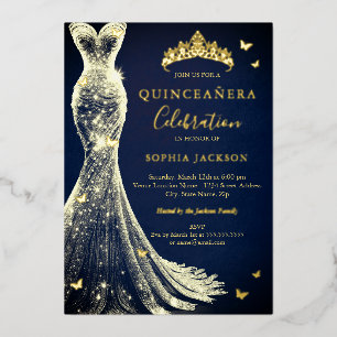 Invitación Con Relieve Metalizado Elegante Mariposa Dorada de Navy Quinceañera