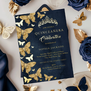 Invitación Con Relieve Metalizado Elegante Mariposa Dorada de Navy Quinceañera