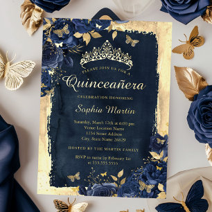 Invitación Con Relieve Metalizado Elegante Mariposa Floral Azul Oro Quinceañera 