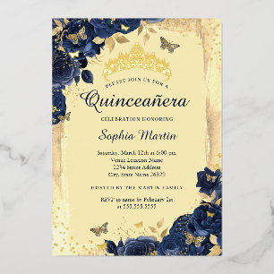 Invitación Con Relieve Metalizado Elegante Mariposa Floral Dorada Quinceañera Navy