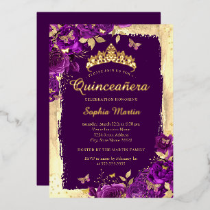 Invitación Con Relieve Metalizado Elegante Mariposa Floral Morado Quinceañera