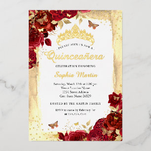Invitación Con Relieve Metalizado Elegante Mariposa Floral Oro Rojo Quinceanera