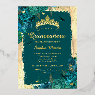 Invitación Con Relieve Metalizado Elegante mariposa floral oro Verde azulado Quincea