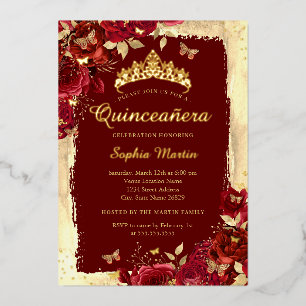 Invitación Con Relieve Metalizado Elegante Mariposa Floral Roja Dorada Quinceañera 