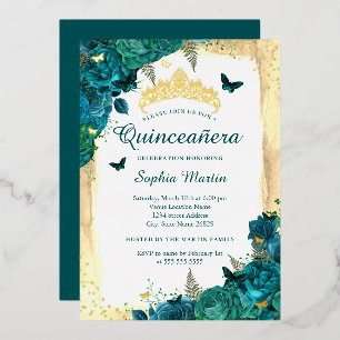 Invitación Con Relieve Metalizado Elegante Mariposa Floral Teal Oro Quinceañera