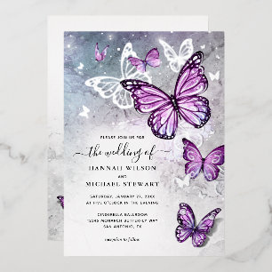 Invitación Con Relieve Metalizado Elegante Mariposa Morada Boda Real en Acuarela
