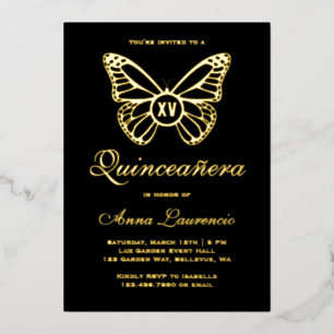 Invitación Con Relieve Metalizado Elegante Mariposa Negra y Dorada XV Quinceañera