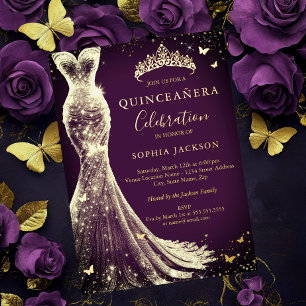 Invitación Con Relieve Metalizado Elegante Mariposa Purpura Dorada con Brillo Quince