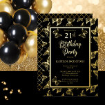 Invitación Con Relieve Metalizado Elegante mariposas 21 cumpleaños Fiesta Oro Negro<br><div class="desc">Moderno,  elegante y elegante diseño fiesta de Relieve metalizado negro y oro real. El fondo posterior presenta un patrón de cuadrícula diagonal en oro falso. Compuesto por Holiday Hearts Designs (derechos reservados).</div>