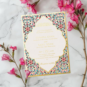 Invitación Con Relieve Metalizado Elegante Marrón Verde Persa Joya Mármol Musulmán