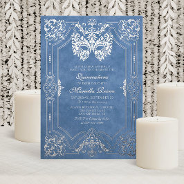 Invitación Con Relieve Metalizado Elegante máscara azul de mascarada Quinceanera
