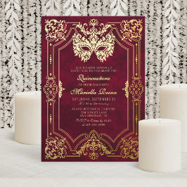 Invitación Con Relieve Metalizado Elegante máscara de mascarada roja Quinceanera