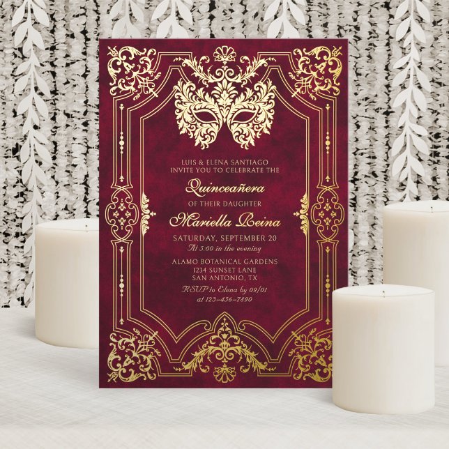 Invitación Con Relieve Metalizado Elegante máscara de mascarada roja Quinceanera (Subido por el creador)