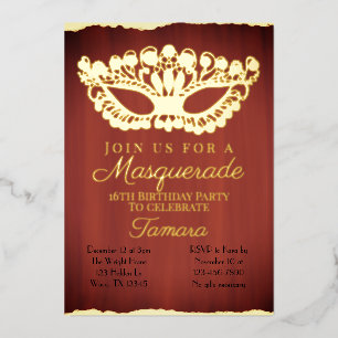 Invitación Con Relieve Metalizado Elegante Máscara Roja Cumpleaños Dieciséis