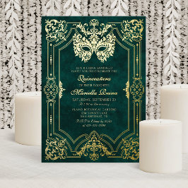 Invitación Con Relieve Metalizado Elegante máscara verde de mascarada Quinceanera