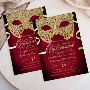 Invitación Con Relieve Metalizado Elegante Mascarada de Oro Rojo Quinceanera