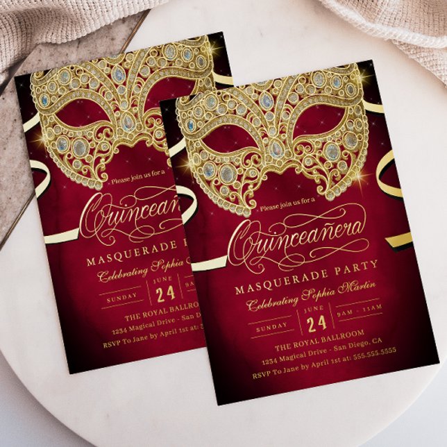 Invitación Con Relieve Metalizado Elegante Mascarada de Oro Rojo Quinceanera (Subido por el creador)
