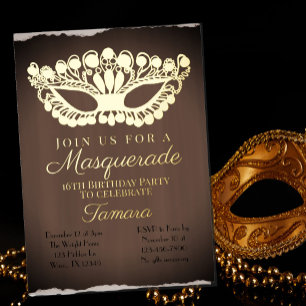 Invitación Con Relieve Metalizado Elegante Mascarada Decimosexto Cumpleaños