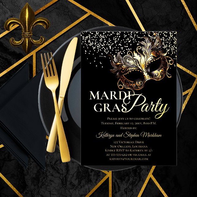 Invitación Con Relieve Metalizado Elegante mascarada Máscara Mardi Gras Fiesta (Elegant Gold Foil Mardi Gras Party Invitation Featuring a Dramatic Masquerade Mask)