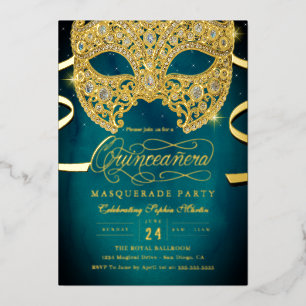 Invitación Con Relieve Metalizado Elegante Mascarada Verde azulada de Oro Quinceaner